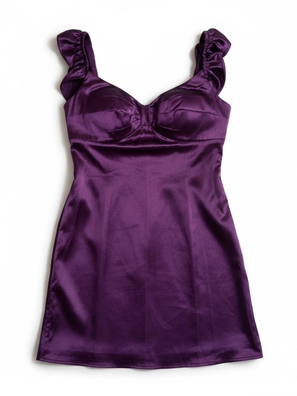 NWT Faeriesty Plum satin Mi I Dress w/ Ruffle Straps & Bow Tie Back Size 8